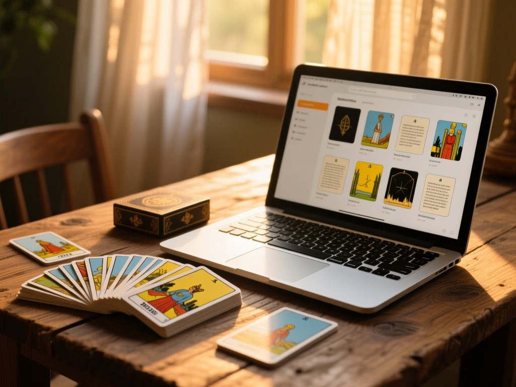A tarot deck fanned beside a laptop on a rustic table during golden hour, screen showing organized reading thumbnails, soft sunlight filtering through sheer curtains, shallow depth of field, warm wood tones.