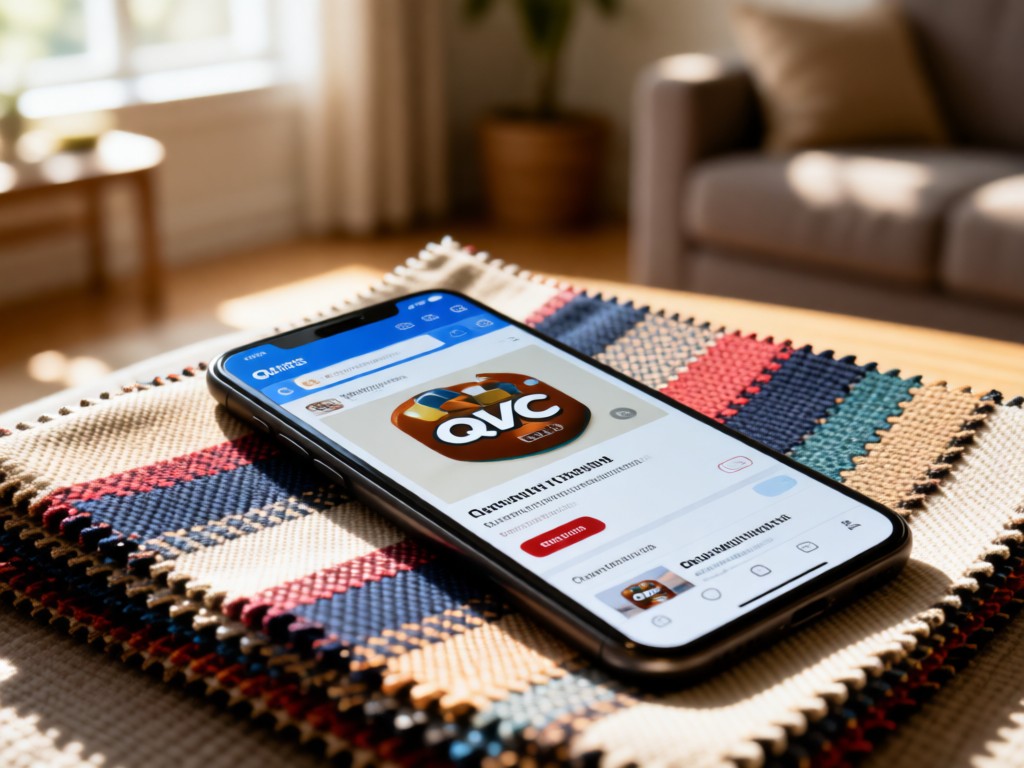 A smartphone showing a QVC product page resting on a fabric swatch. Natural light highlights the screen clarity. Blurred background suggests a cozy home environment. No people.