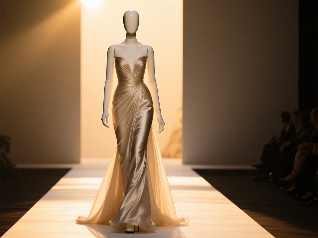 A sleek mannequin wearing a haute couture dress on a minimalist runway during golden hour, soft sunlight highlighting fabric textures, shallow depth of field, warm tones, no people.