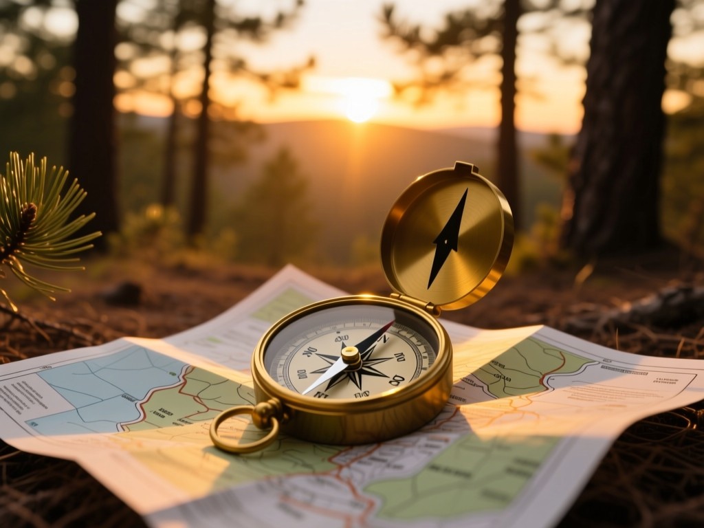 A compass on a trail map amidst pine trees during sunset, golden light highlighting north arrow, symbolic of discovery and direction, soft focus background, natural earth tones, no text.