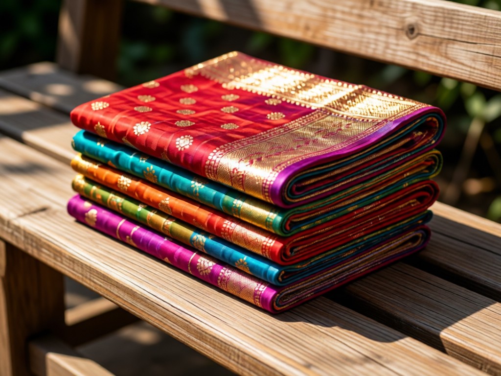A neatly folded stack of vibrant Kanchipuram silk sarees on a rustic wooden bench. Sunlight catches metallic threads, creating shimmering highlights. Soft shadows emphasize texture. No people.