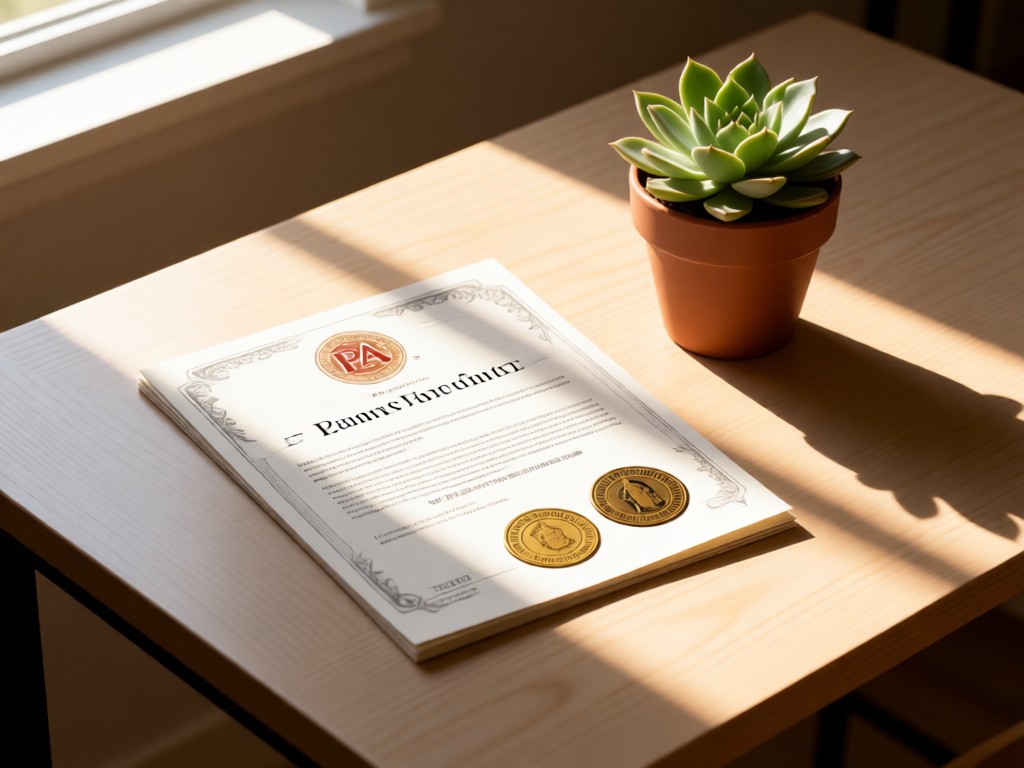 A minimalist desk with a PA license document beside a potted succulent. Morning light emphasizes the document's seals. Soft shadows create depth. No people.