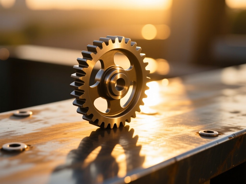 A single precision gear on a sunlit metal surface during golden hour, casting intricate shadows, symbolizing technical mastery and growth, warm metallic tones, minimalist composition.