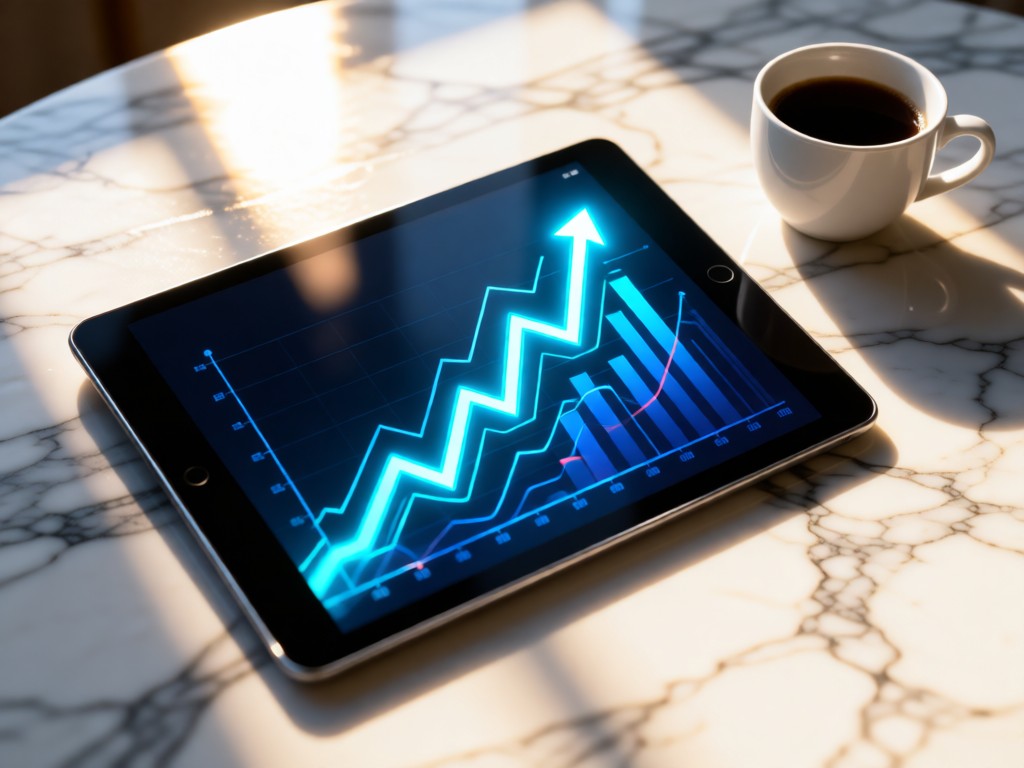 A sleek tablet displaying abstract upward-trending graphs on a marble surface. Sunlight highlights the screen's glow beside a single coffee cup. No people.