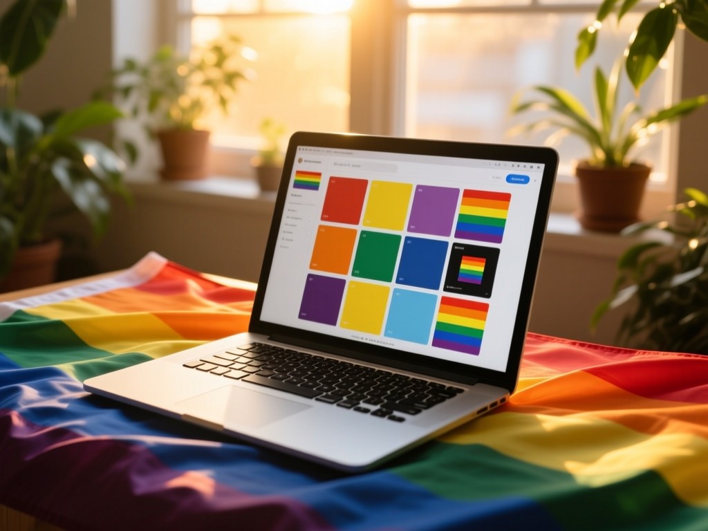 An open laptop on a rainbow pride flag during golden hour, screen showing organized content tiles, soft sunlight through window, plants in background, natural color palette, shallow depth of field.