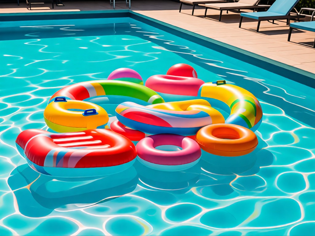 Colorful pool floats and toys arranged neatly on a bright pool deck. Sunlight creates vibrant reflections. No people.