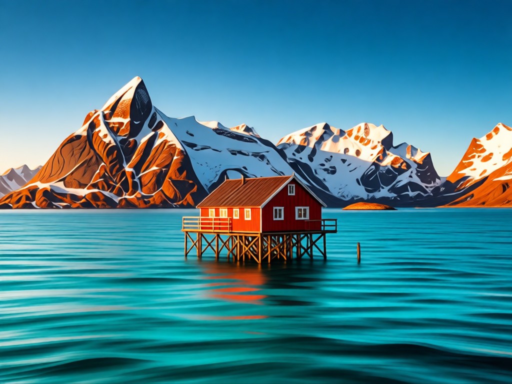 A lone red Rorbu cabin on stilts over turquoise water, surrounded by snow-capped peaks under clear blue sky. Symbolizes focus in vast landscapes. Golden hour lighting. No people.
