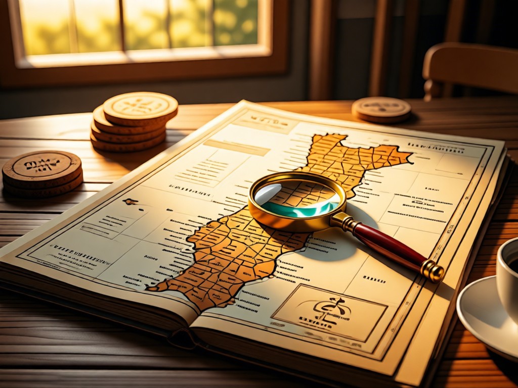 A vintage map of Portugal open on a wooden desk with a magnifying glass over Lisbon. Golden hour light through window. Cork coasters and coffee cup nearby. Warm, focused ambiance. No people.