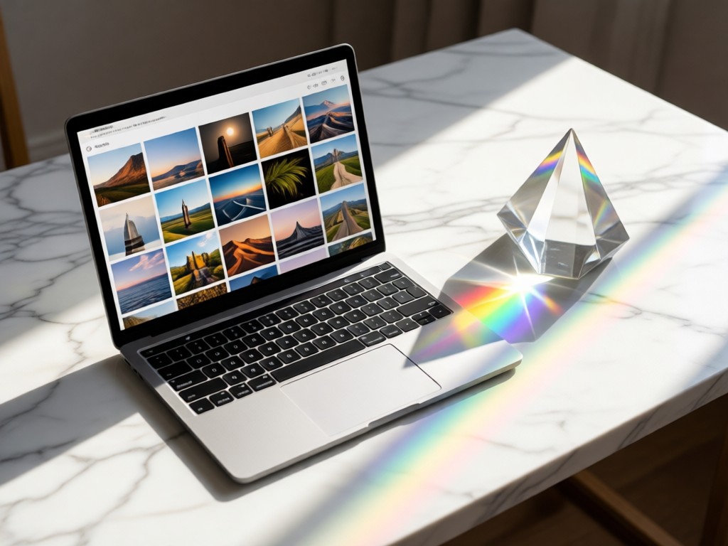 An open laptop displaying a clean grid photo gallery on a marble desk. Sunlight highlights a crystal prism casting rainbows beside it. Soft shadows stretch across minimalist surface.