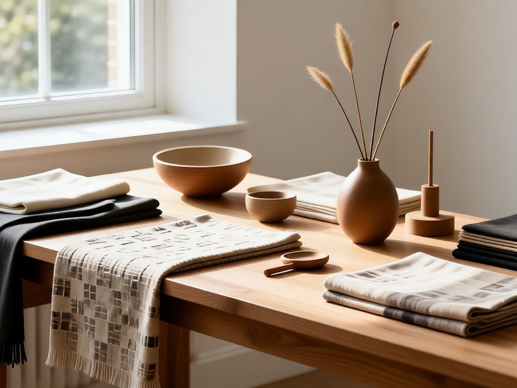 Close-up of a beautifully arranged retail display table with textiles and decorative objects. Soft natural light highlights textures from a nearby window. Minimalist composition. No people.