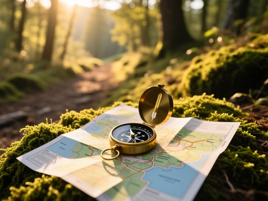A compass on a moss-covered trail map under dappled sunlight, golden hour glow highlighting local landmarks, soft focus on distant trees, natural color palette, no text.