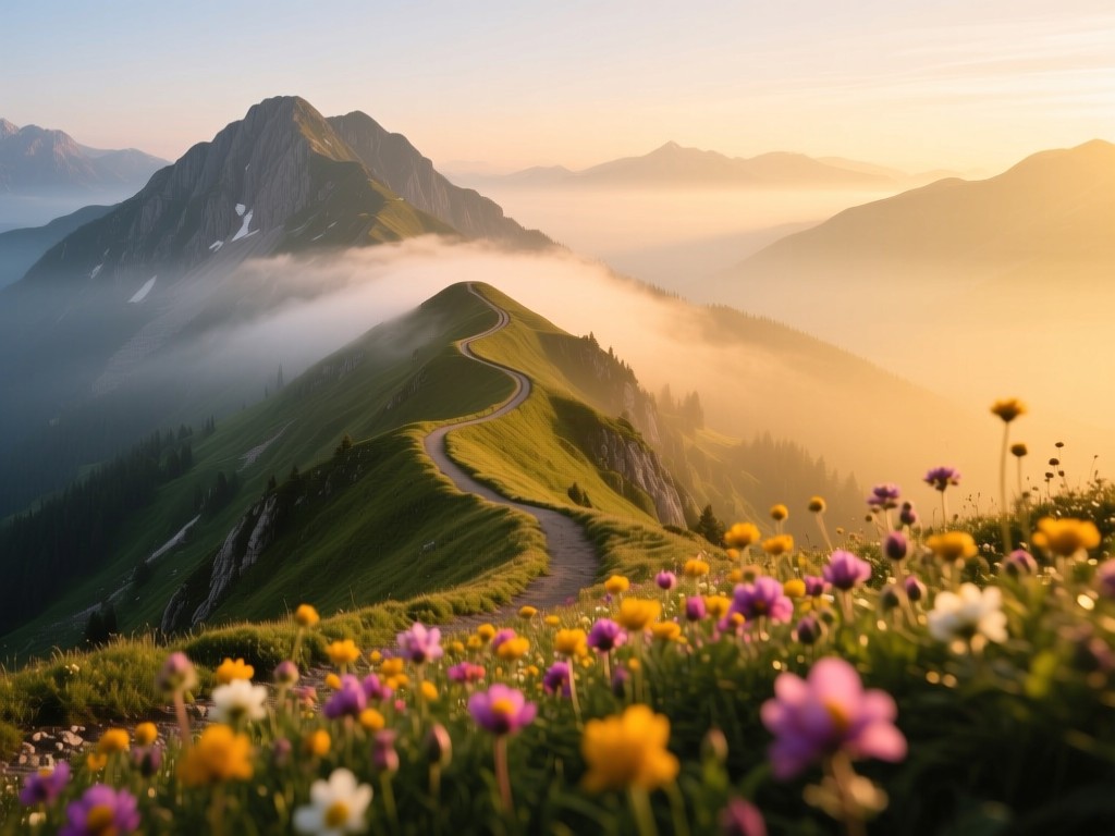 A winding mountain trail disappearing into misty peaks during golden hour, soft warm lighting, vibrant alpine flowers in foreground, expansive natural vista, no human presence.