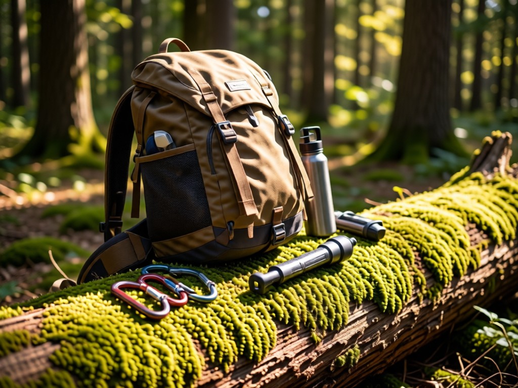 Neatly arranged outdoor gear: backpack, carabiners, water filter. Sunlight highlights textures on a mossy log. Forest background. No people.