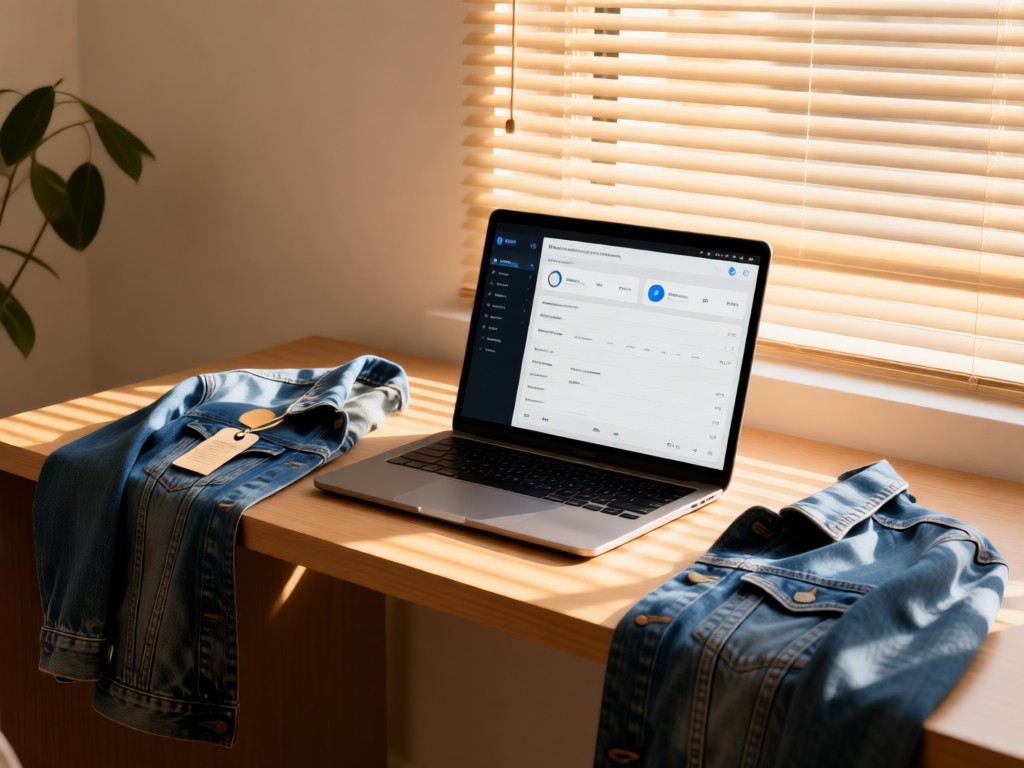 Minimalist desk with open laptop showing a clean inventory dashboard. A tagged denim jacket rests nearby. Soft afternoon light through blinds. No people.