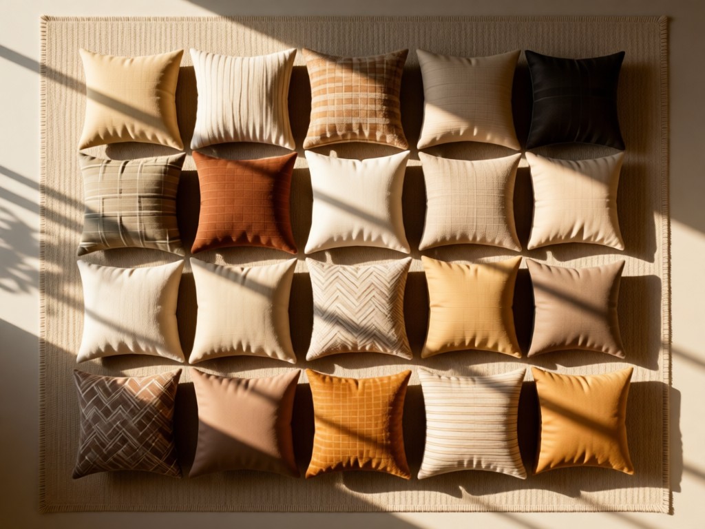 Aerial view of a perfectly arranged pillow collection on a neutral rug. Different shapes, sizes and fabrics create a harmonious pattern. Soft afternoon light with long shadows. No people.