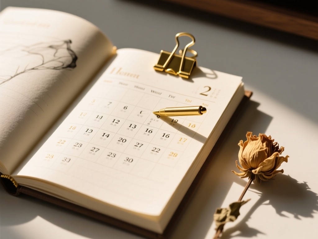 An elegant desk calendar open to current month, with gold paperclip marking a date. Soft sunlight highlights textured paper and subtle ink shadows. A single dried flower rests beside it. No people.