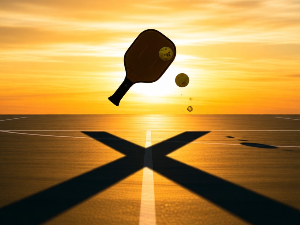 A single pickleball suspended mid-air against a golden sunset sky. Below it, a minimalist shadow forms a perfect 'X' on the court. Symbolizes focus and precision. No people.