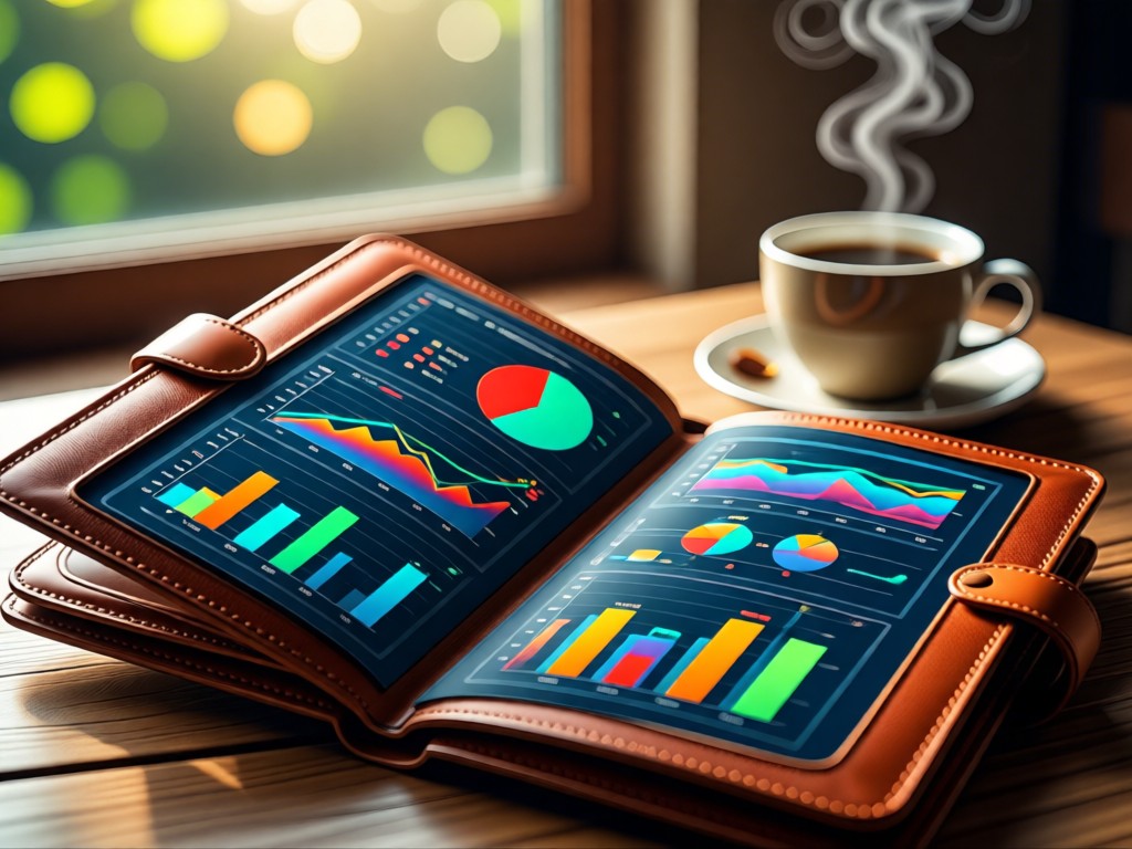 Open leather portfolio revealing colorful financial charts. Natural light from window illuminates data visualizations. Coffee cup steam rises in background bokeh.