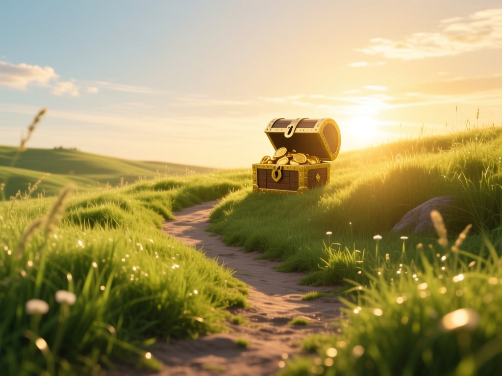 A winding path through sunlit grass leading to a treasure chest at golden hour, warm lighting, vibrant greens, symbolic of discovery, open sky, no human elements.