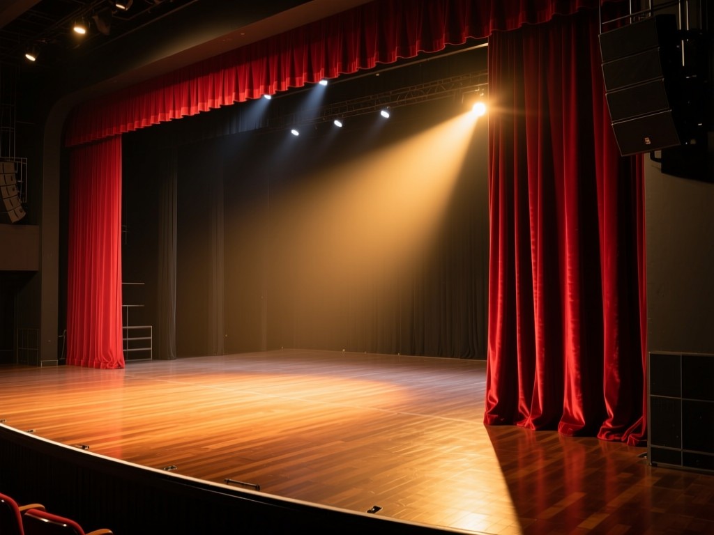 A single spotlight on an empty stage during golden hour, marley floor reflecting warm light, red velvet curtains partially open, conveying opportunity and readiness, no performers.