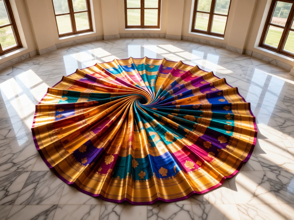An aerial shot of a single Kanjivaram saree arranged in concentric circles on a marble floor. Sunlight highlights the silk sheen through tall windows. Symbolizes unity and professional presentation. No people.