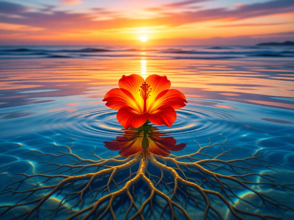 A single bright flamboyant flower floating in a clear tide pool at sunset, reflecting both sky and ocean. Symbolizes standing out while staying connected to roots. No people.