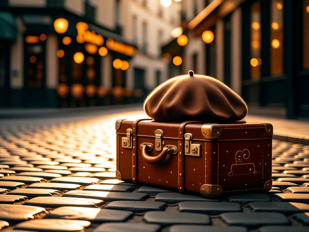 A single beret resting on a vintage suitcase against cobblestone streets. Golden hour light creating long shadows. Blurred café signs in background. Symbolizes Parisian essence in one frame. No people.