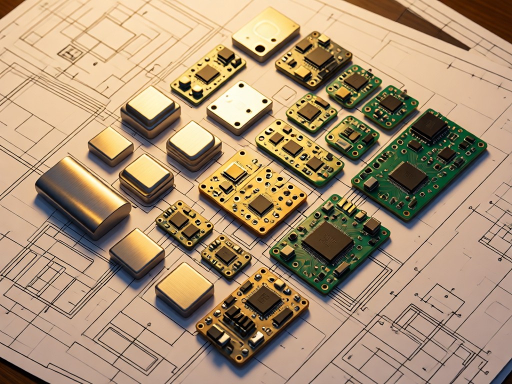 Overhead view of neatly arranged RC components on a schematic diagram. Warm light emphasizes brushed aluminum and circuit boards. No people.