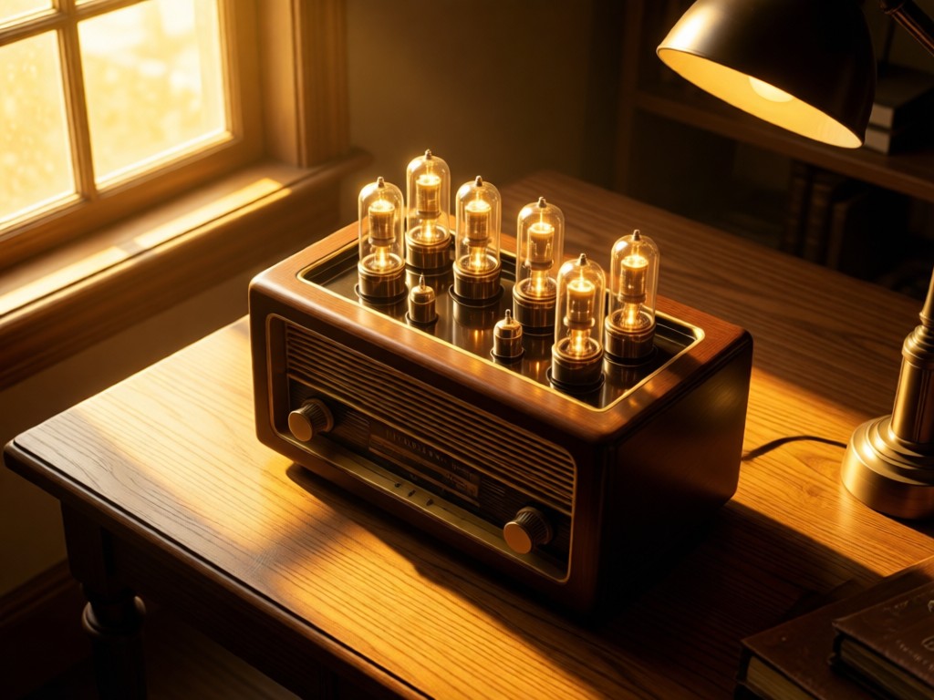 Overhead shot of classic radio set with glowing tubes on wooden table. Golden window light creates cozy studio atmosphere, no people.