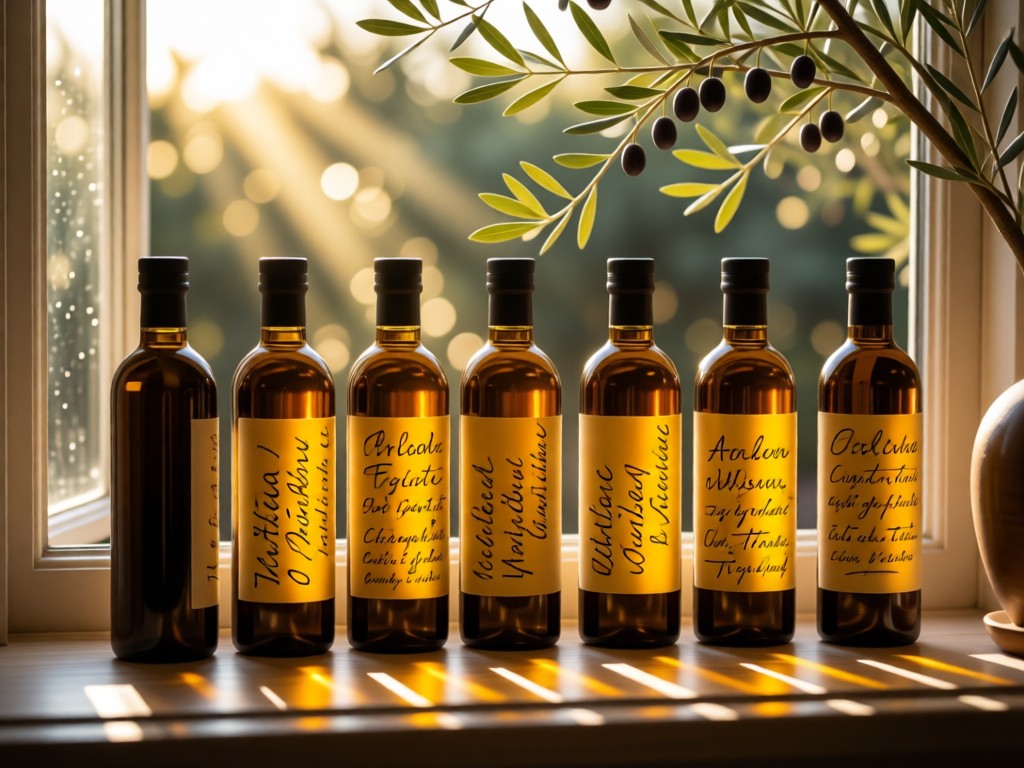 Artisanal olive oil bottles with handwritten labels arranged on a sunlit windowsill. Warm light streams through glass, creating amber highlights. Soft bokeh background of olive branches.