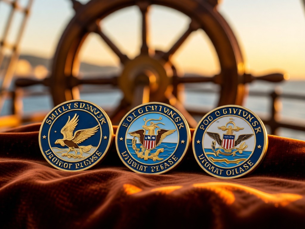 Three USNA challenge coins arranged on a velvet cloth. Depth-of-field blurs a ship's wheel in background. Golden hour lighting. No people.