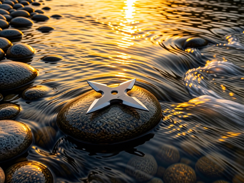 Aerial view of a single shuriken embedded in smooth river stones beside flowing water. Golden sunset reflects on the water surface, symbolizing precision and focus. No people.