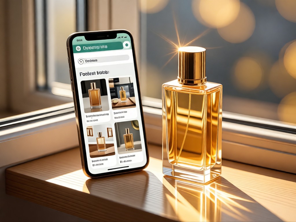 Modern smartphone displaying a clean perfume portfolio beside a sleek bottle on a sunlit windowsill. Golden reflections on glass surfaces. No people.