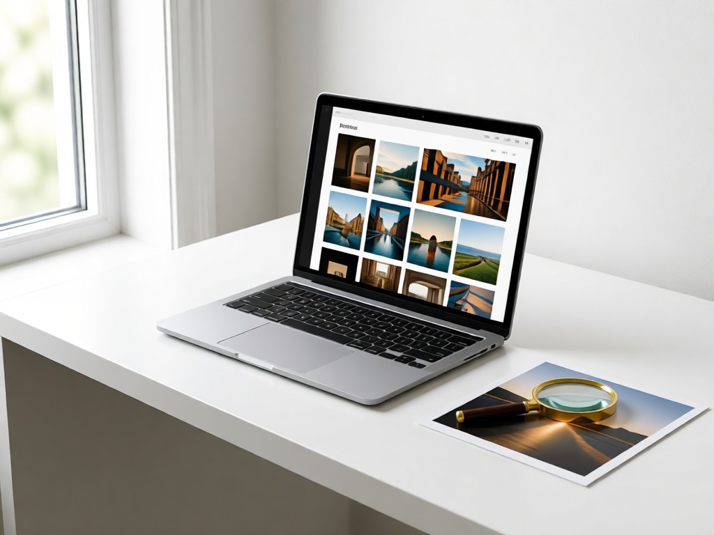 A minimalist white desk with an open MacBook showing a clean photography portfolio grid. Beside it, a single magnifying glass rests on a printed photo. Soft natural light from a nearby window. No people.