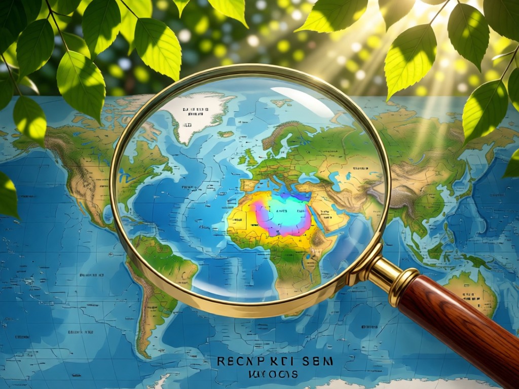 A magnifying glass over a world map highlighting ozone-depleted regions. Sunlight filters through leaves outside, creating natural patterns. Focus on discovery. No people.