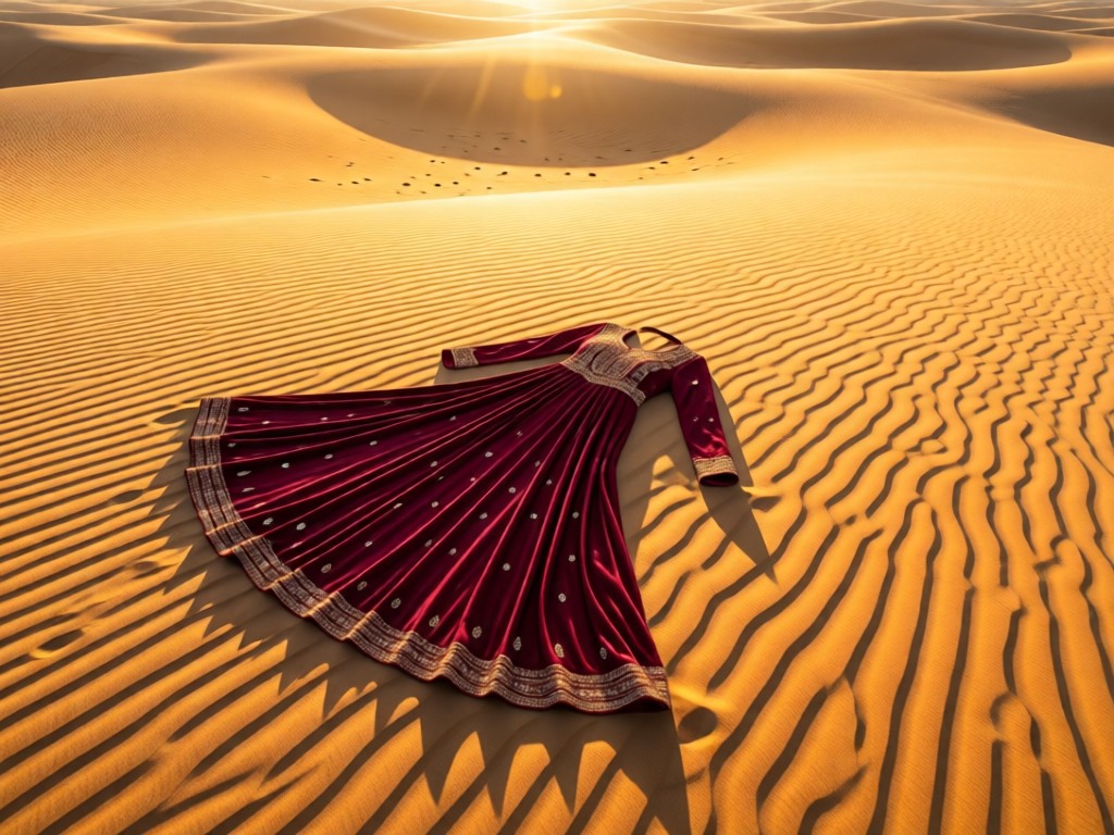 Aerial view of a single maroon Anarkali suit laid flat on desert sand at golden hour. The flowing silhouette creates elegant shadows while tiny embroidered details catch the light. Vast negative space around.