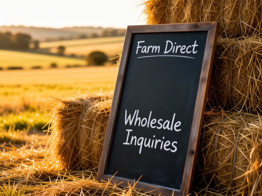 A rustic chalkboard menu leaning against hay bales in golden light. Words 'Farm Direct' and 'Wholesale Inquiries' visible. Soft focus on distant pasture landscape. Warm, inviting tones. No people.