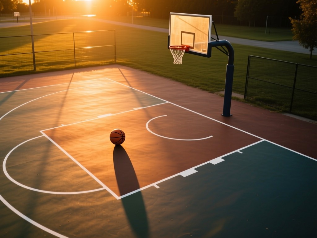An aerial view of a single basketball centered on an empty court at sunset. The ball casts a long shadow toward the hoop. Warm golden light fills the frame. Symbolizes focus and opportunity. No people.
