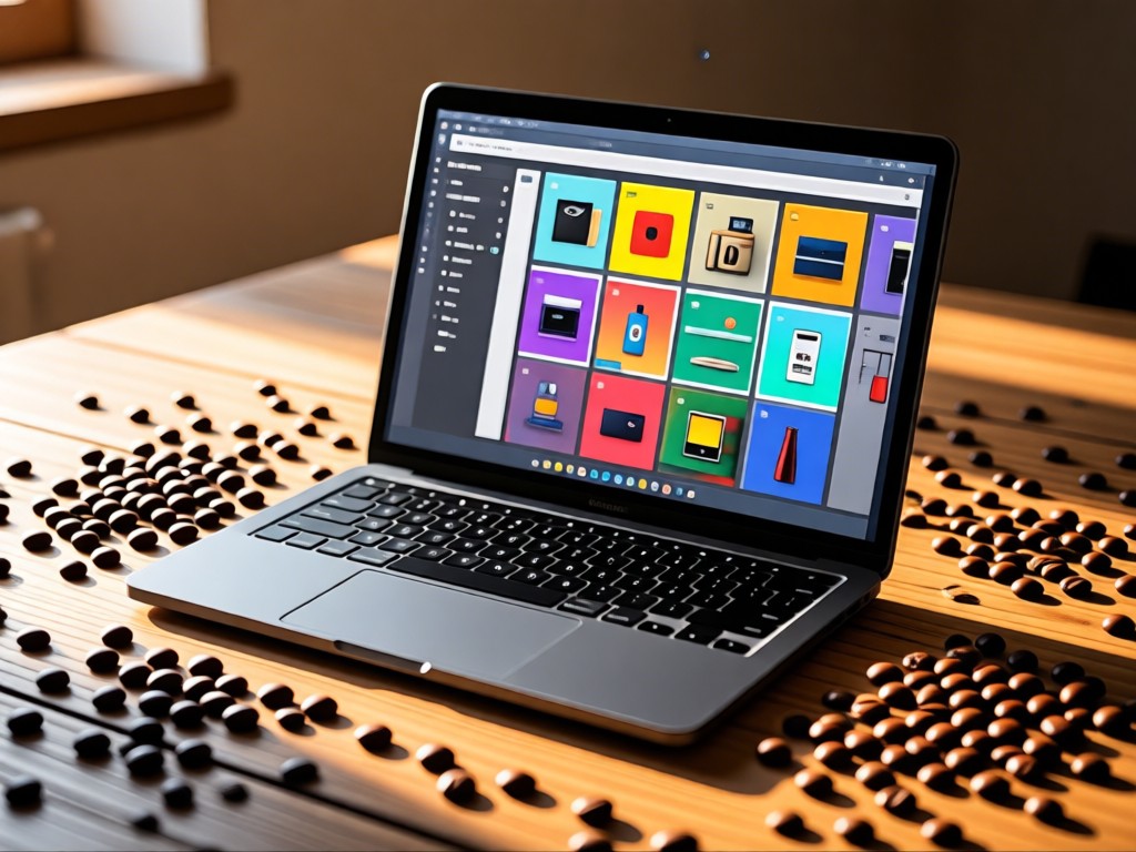 An open laptop showing a vibrant product grid, surrounded by scattered coffee beans on a rustic wooden table. Morning light creates warm highlights and soft shadows. No people.