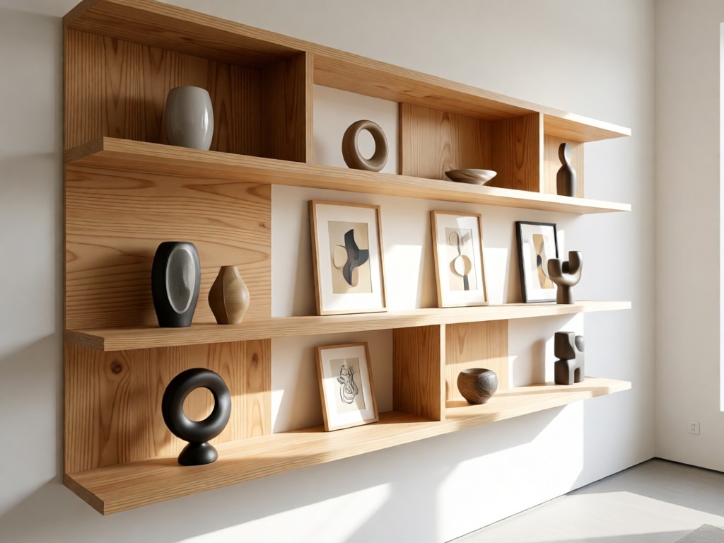 A curated gallery wall featuring minimalist plywood shelves holding art objects. Soft daylight accentuates wood grains and clean lines. No people.