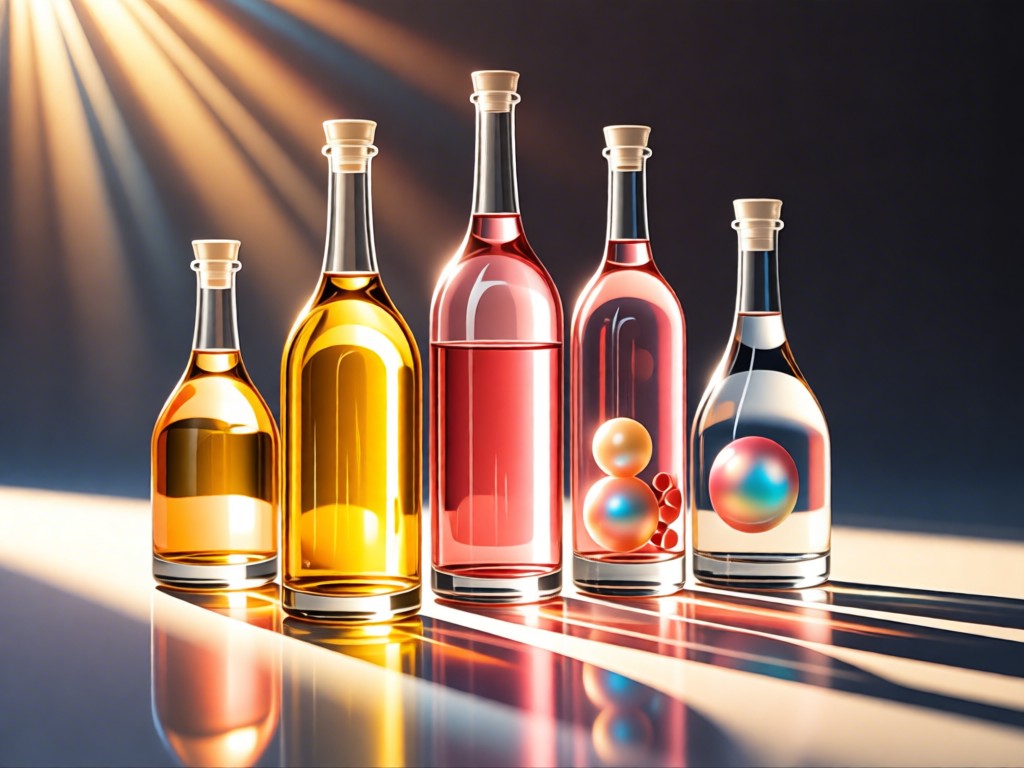 Artistic arrangement of clear glass bottles filled with gold, rose, and pearl liquids. Sunbeams create colorful projections on a reflective surface. Magical professional mood. No people.