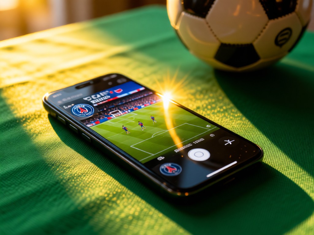 A smartphone displaying PSG match highlights on a pitch-green tablecloth. Golden light catches the screen's glow. A blurred football rests nearby. No people.