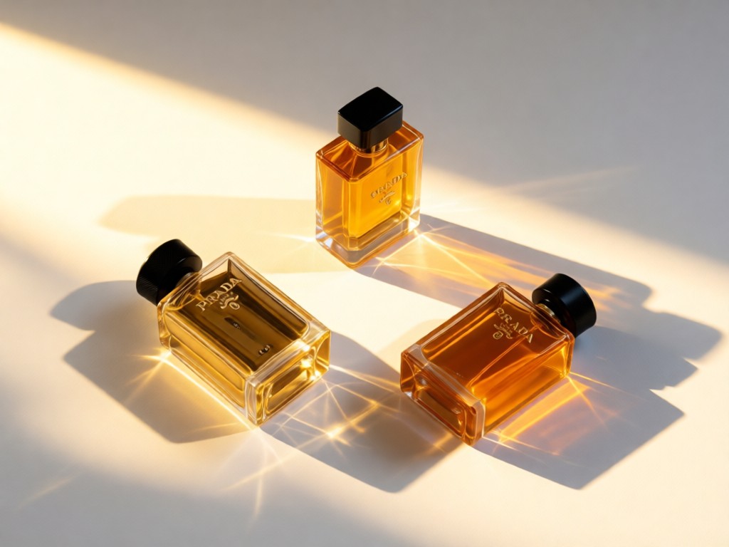 A clean, white surface displaying three Prada perfume bottles at different angles. Soft shadows cast by golden hour light. Minimalist composition with ample negative space. No people.