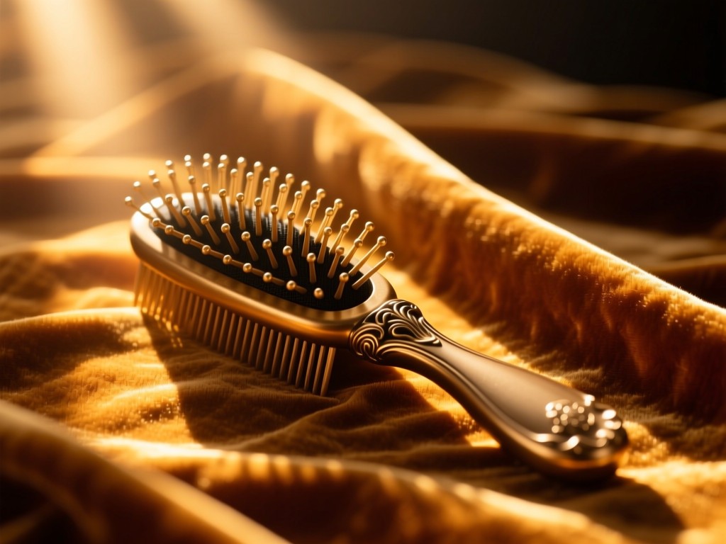 A single vintage hairbrush catching golden hour light on a velvet cloth, radiating warm beams like client referrals, shallow depth, rich amber tones.