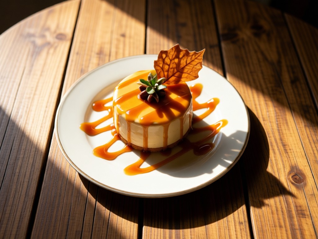 Aerial view of a perfectly plated dessert on a rustic wooden table. Sunlight highlights the caramel drizzle. No people.