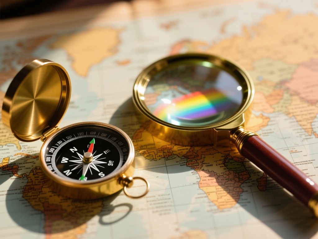 Top-down shot of a compass and magnifying glass over a world map. Sunlight hits the glass creating rainbow prisms on vintage paper textures. Blurred background suggests travel.