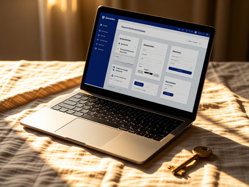 Open laptop displaying a clean client portal interface. A brass key rests nearby on linen fabric. Sunlight creates warm highlights and soft shadows. No people.