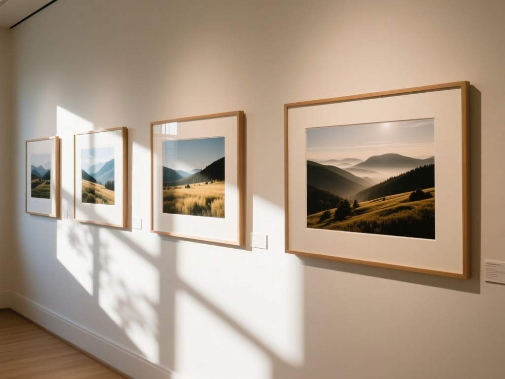 Sunlit gallery wall with framed landscape photographs. Clean lines and natural light emphasize visual focus. Soft shadows create depth. No people.