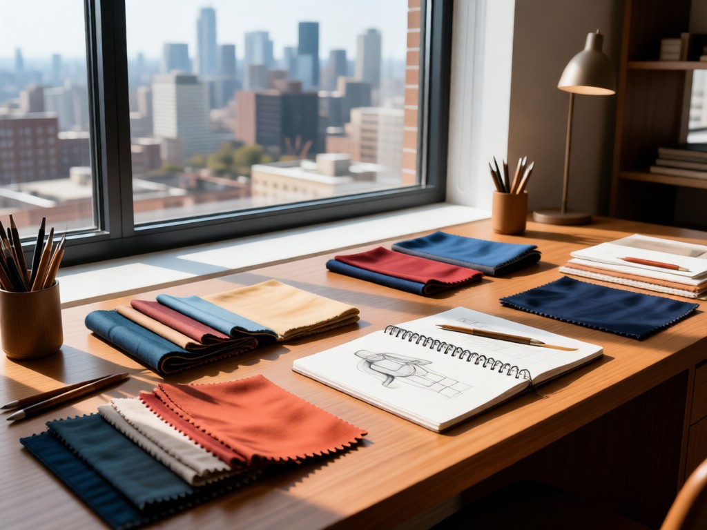Designer desk with fabric swatches in urban tones and sketchbook. Natural light from large window. No people.