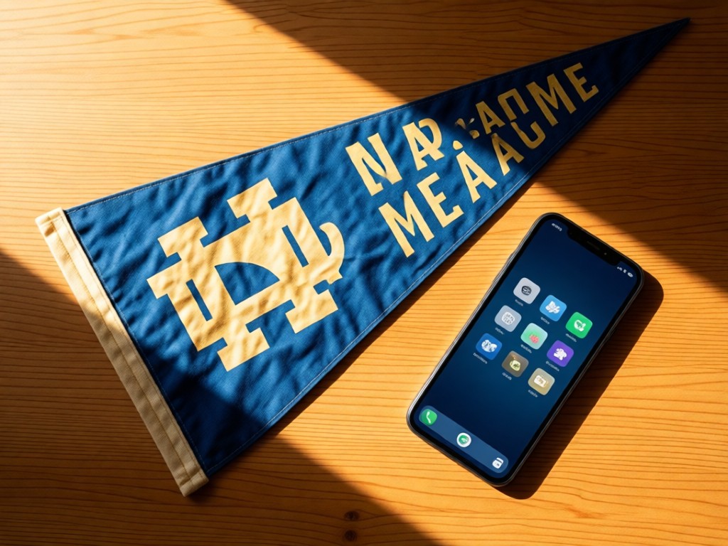 Overhead shot of a vintage Notre Dame pennant laid flat beside a modern smartphone displaying connection icons. Warm natural light creates soft shadows on a wooden surface. No people.